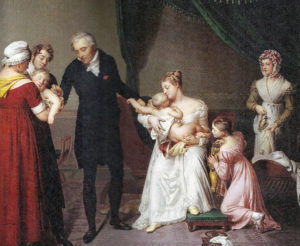 O médico Jean Louis Alibert  vacúa a un neno seguindo os pasos de Edwar Jenner  Óleo por Constant Desbordes 1820